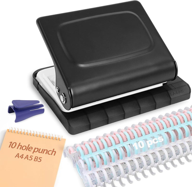 Hoqqf 10 Hole Punch Binding Machine for Planners with 10 Multi-Color Binder Rings,30 Holes on A4,20 Holes on A5,26 Holes on B5,10 Sheet Capacity (Black) - Image 1